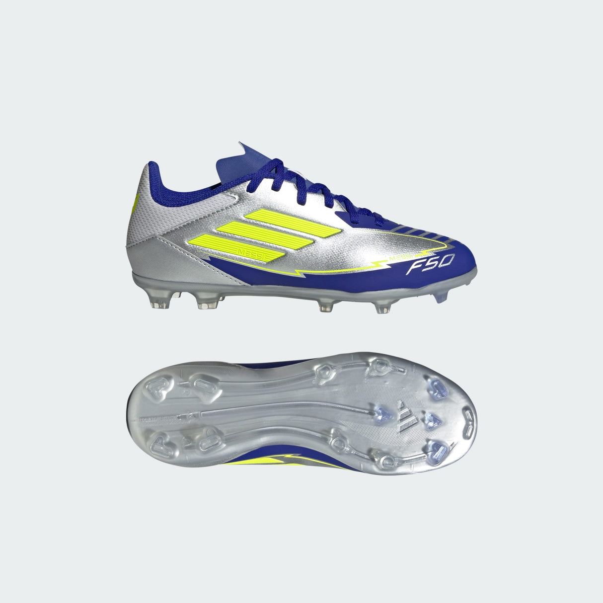 Junior F50 League Messi FG/MG [Silver Metallic/Solar Yellow/ Lucid Blue]